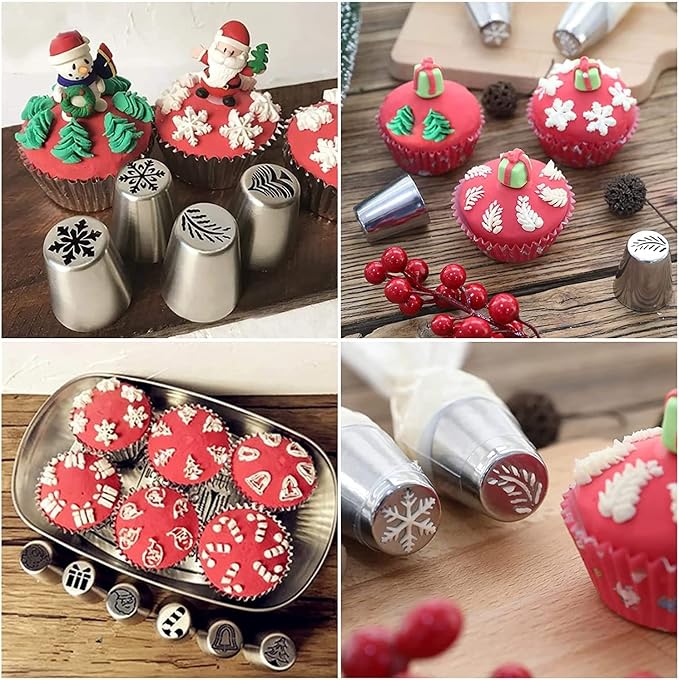 Christmas Russian Piping Tips, Hsxxf 15PCS Christmas Flower Frosting Tips Nozzles Stainless Steel Piping Tips Set Snowman Snowflake Christmas Tree Santa Claus Pattern for Christmas Decorating