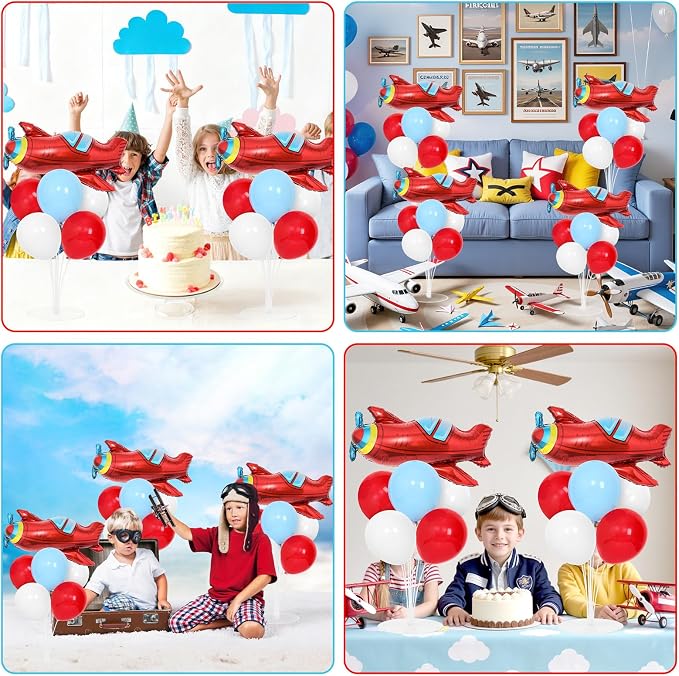 4 Sets Airplane Birthday Party Balloons Stand Kit with 4 Plane Helicopter Foil Balloons Red Blue White Theme Party Balloon Centerpiece for Table for Adventure Time Flies Baby Shower Parties Decoration