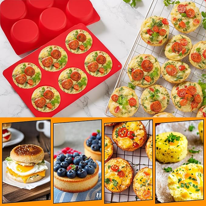 Silicone Egg Bite Molds, 2 Pack Frittata Pan, Deep 3 Inch Dash Cups, Sous Vide Round Rolls Molds for Breakfast Sandwiches, Omelets, Dinner Rolls, Baking - Red