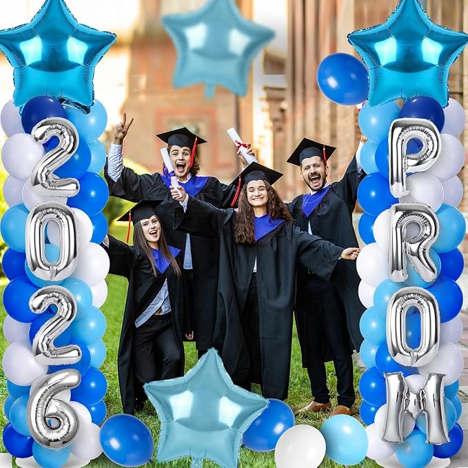 2 Sets Graduation Balloon Column Stand Kit with Balloons Prom Send off 2026 Grad Prom Themed Decor Sky Blue White Blue Balloon Tower Stand for Floor Grad School & College Celebration Party Supplies