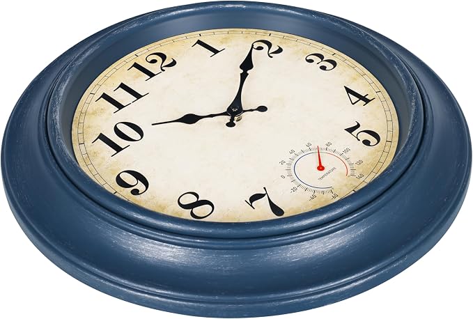 Large Outdoor Clocks Waterproof with Thermometer Combo Rustic Coastal Wall Clock Decor for Patio Pool Bathroom (18 Inch,Blue)