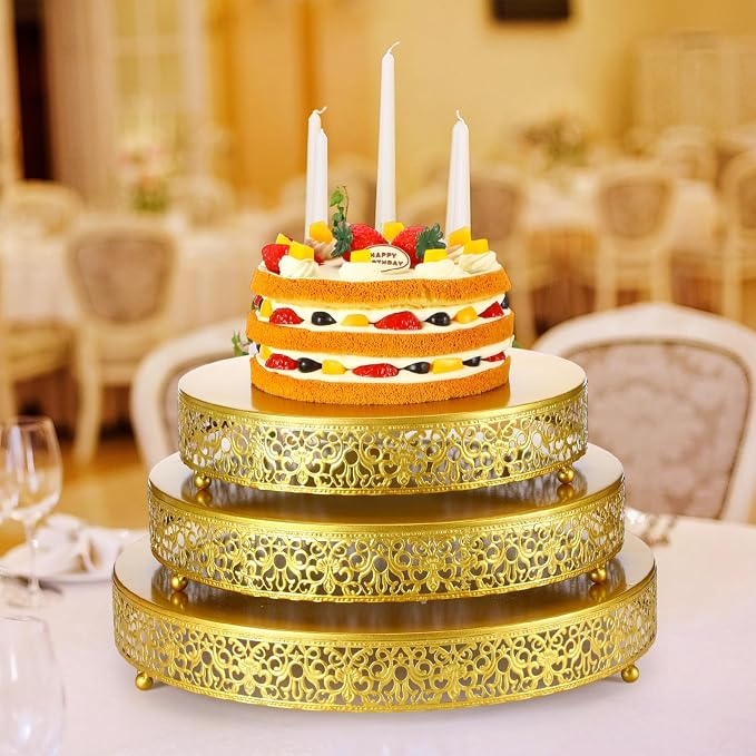 Wenqik 3 Pcs 16'' 14'' 12'' Metal Gold Cake Stand Round Cake Stands for Dessert Table Cookies Fruit Serving Tray Cupcake Dessert Pastry Riser for Wedding Birthday Party and Events