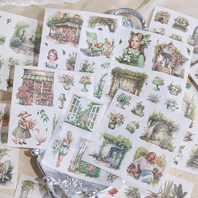 YagCu Garden Journal Stickers, 50 Sheets Washi Junk Journaling Sticker Book, Scrapbook Supplies, Watercolor Scrapbooking for Adults, Green Decorative Ephemera Arts Craft