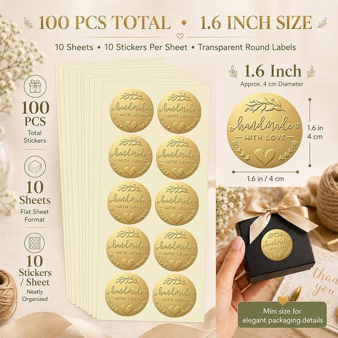 100PCS Handmade with Love Stickers, Matt Gold Foil Labels for Small Business Packaging, Bakery Cookies, Gift Wrapping, Candy Table, Wedding Baby Shower Party Favor Stickers.1.6 inch (Full Gold)
