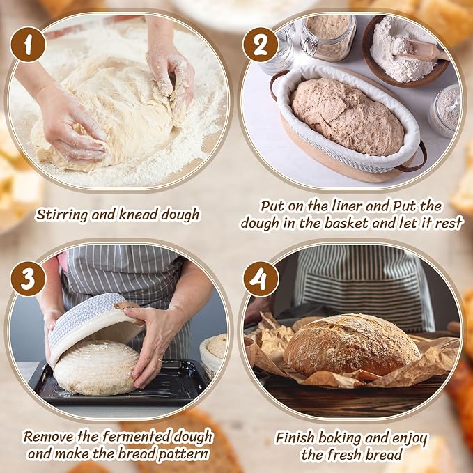 4 Pack Oval Banneton Bread Proofing Basket Set, 10'' Natural Cotton Rope Sourdough Proofing Basket with Liners & Handle Artisan Sourdough Bread Baking Supplies for Home Bakers(Neutral)
