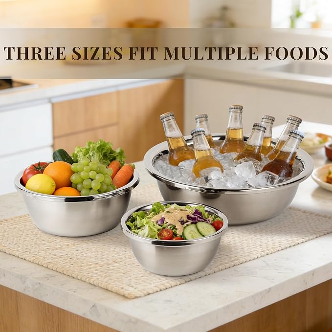 Mixing Bowls Set of 3, Stainless Steel, 7.9, 10.2 and 14.2 Inch | Three stainless steel bowls in 7.9, 10.2 and 14.2 inch sizes for baking, dough, salads and everyday kitchen prep