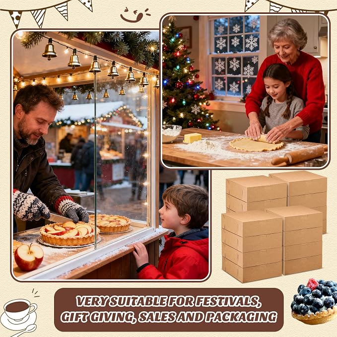 36 Pack Pie Pizza Boxes 9" x 9" x 3" Kraft Square Bakery Boxes for Cookies, Cheesecake, Chocolate Covered Strawberries, Dessert Brown Paper Cardboard Container for Treats