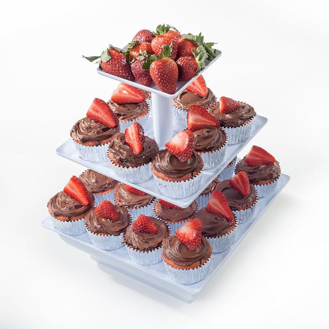 Chef Buddy 3-Tier Cupcake Stand - Square Display Stand for Birthday, Tea Party, Wedding, or Baby Showers - Dessert Table Display Set (White) (Pack of 2)