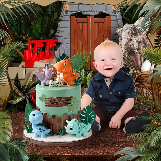 17PCS Dinosaur Cake Topper, Dinosaur Eggs Leaves Grasses Cake Decorations with Happy Birthday Sign Cake Toppers for Birthday Party Decorations, Safari Animal Themed Party