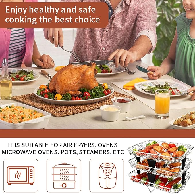 3 Tiers Stackable Air Fryer Racks, 7.79"x5.23"x1.57" Stainless Steel Dehydrator Trays with Non-slip Feet for Ninja DZ201 DZ071 DZ090 DZ302 DZ401 DZ550 SL401 Dual Airfryer