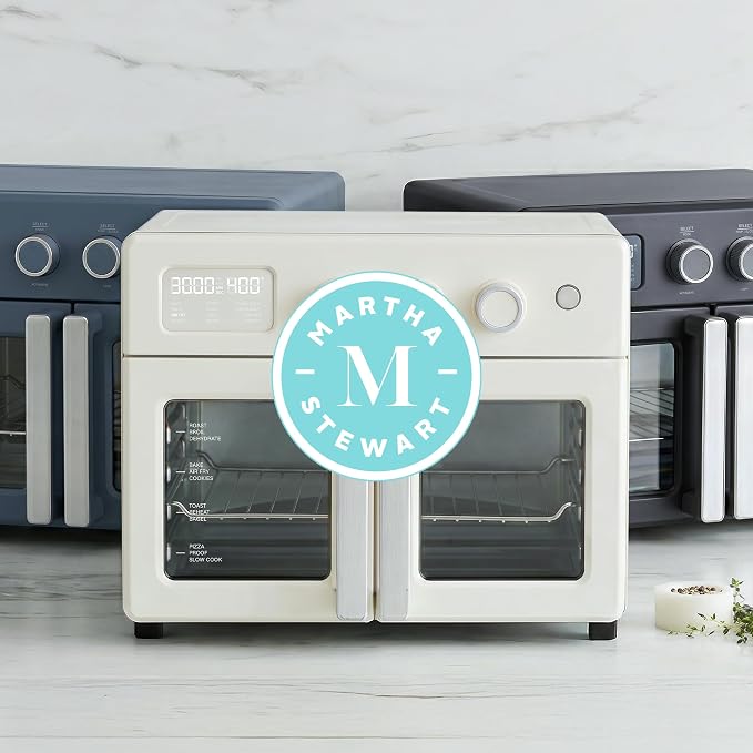 Martha Stewart French Door Air Fryer Toaster Oven Combo, 34QT Countertop Convection, 12-in-1, Bake, Broil, Roast, Fits 12” Pizza, Dehydrate, 5 Accessories, Air Fry Basket, Stainless Steel, Caviar Gray