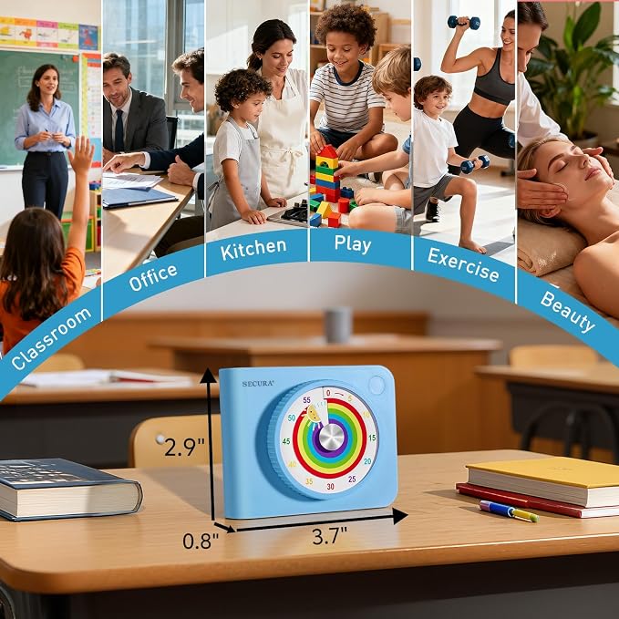 Secura Rainbow Visual Timer for Kids, 60-Minute Countdown Timer | ADHD Timer for Time Management, No Ticking for Focus, Mute & Beep Alert Modes, Pause function, Magnetic Backing, Stand (Blue)