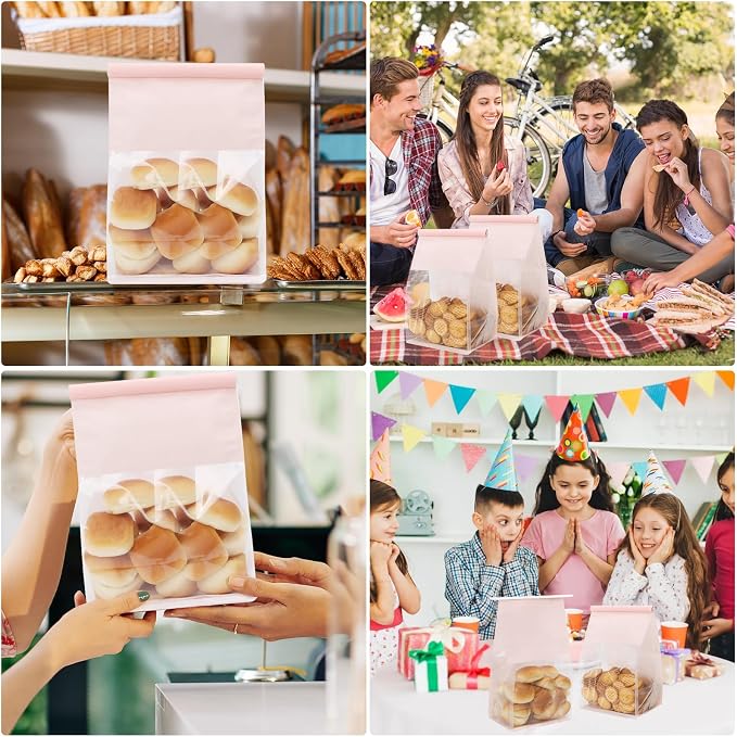Funcoo 50 pcs Bakery Bags with Window, 6.3'' x 5.1'' x 10.2'' Bakery Cookie Bags with Tin Tie Tab Lock, Paper Bread Bags for for Homemade Bread, Popcorn, Candies, Snack, Baked Goods Packaging(Pink)