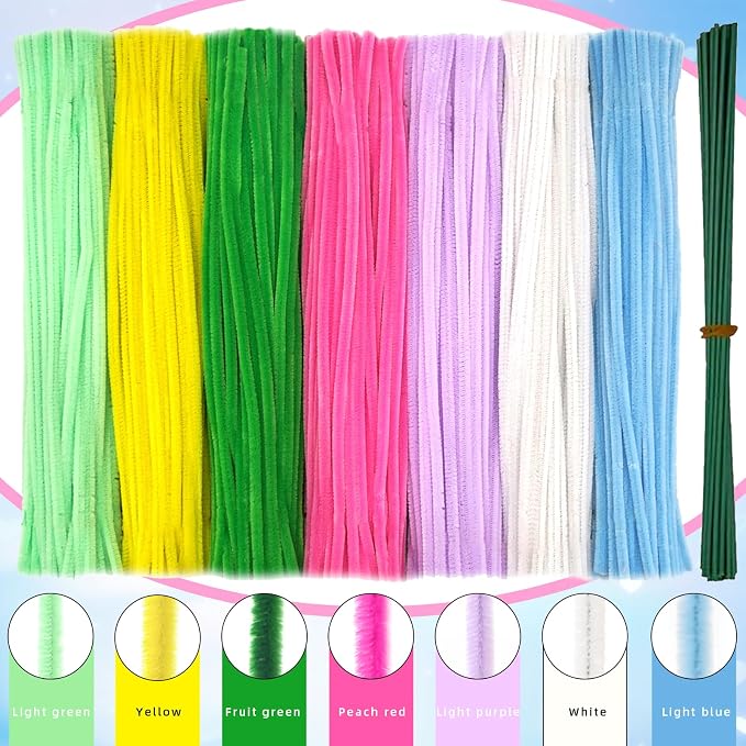 AHAMETON 720Pcs Pastel Pipe Cleaner Flower Kit, 7 Colors Bulk Pipe Cleaners Craft Supplies with Wires, Stamens, Ribbon, Tapes, Card, DIY Flower Making for Party Home Decor, Gifts School Crafts