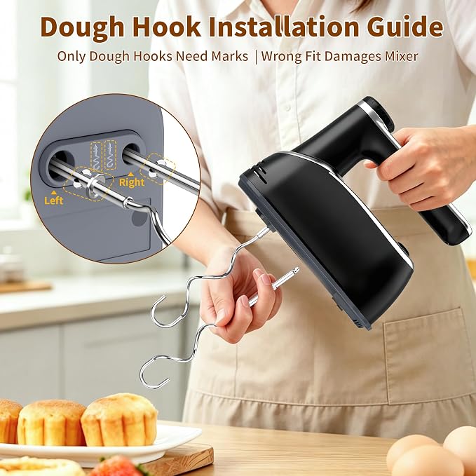binROC Cordless Electric Hand Mixer, 12-Speed Rechargeable Handheld Mixer with Eject Button, 6 Stainless Steel Attachments, Snap-On Storage Case, LED, Self-Stand for Baking, Cake, Dough, Egg (Black)