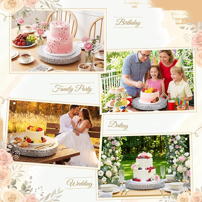 Wenqik 18 Inch Silver Cake Stand Set Metal Round Cupcake Dessert Stand with Cake Cutting, Flower Spatula Wedding Cupcake Pastry Display Candy Holder Display for Wedding Party Birthday Baby Shower