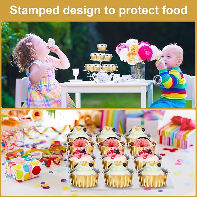 200 Pack Aluminum Foil Cupcake Liners with Lids, 5 oz Round Baking Cup, Disposable Ramekin Container for Graduation Wedding Independence Day Party(Gold,Plain)