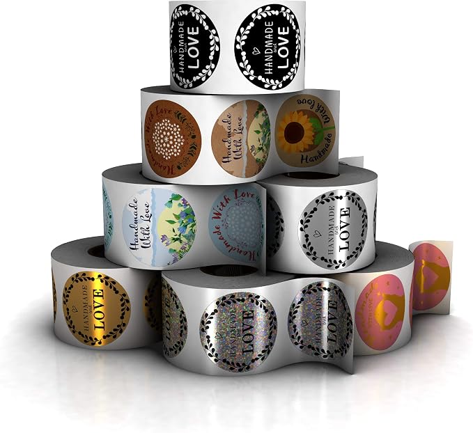 Kenco 1.5" Inch Handmade with Love Stickers, Made in The USA! for Envelopes, Boxes, Packaging and More - 500 Labels Per Roll (2 Pack 1,000 Stickers, Pink and Gold FOIL)