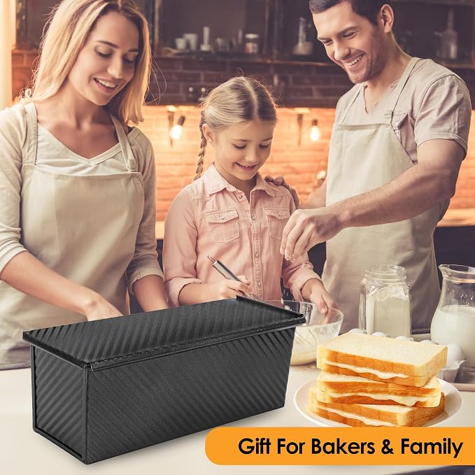 2-Pack Black 13inch Pullman Loaf Pan with Lid, Premium Aluminized Steel Non-Stick Coating Bread Pan, PFTE and PFOA-Free, Safe and Healthy Baking for Homemade Bread with Family-sized