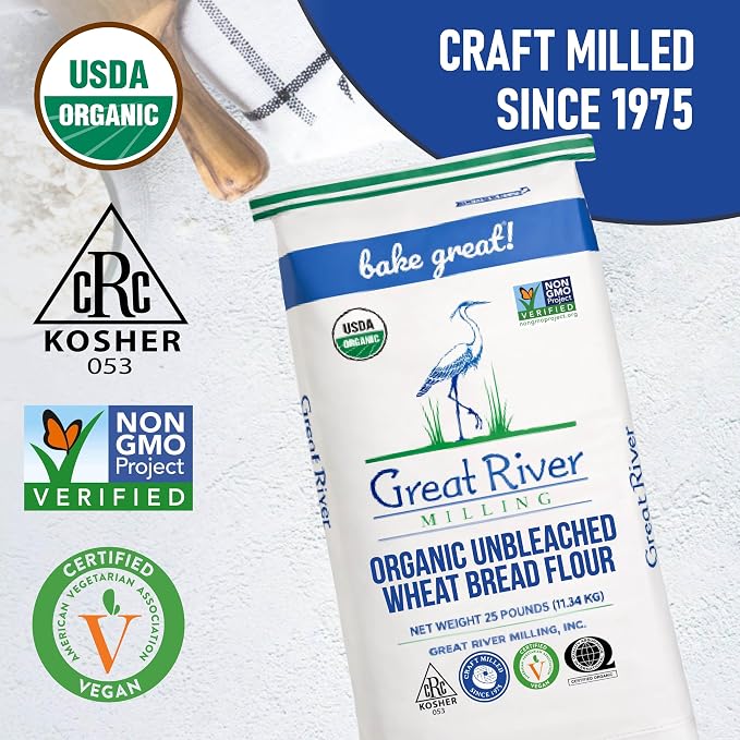 Great River Milling Organic Unbleached Wheat Bread Flour | Artisan Bread Flour for Baking | Multi-Purpose Wheat, Unbromated, Non-GMO, Kosher | 25 Lb (Pack Of 1)