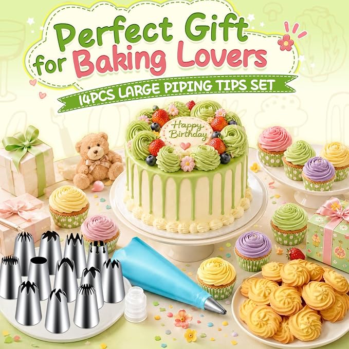 Hendiy 14pcs Large Piping Tips Set, Stainless Steel | 12 Icing Tips, 1 Reusable Bag, 1 Coupler, Cake & Cupcake Decorating