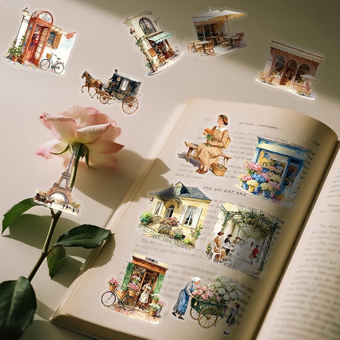 50 pcs Vintage European Town Clear PET Stickers, Paris Street Cafe Building People Transparent Die-Cut Decals, Waterproof Stickers for Journal Scrapbook Planner DIY Travel Craft Decor