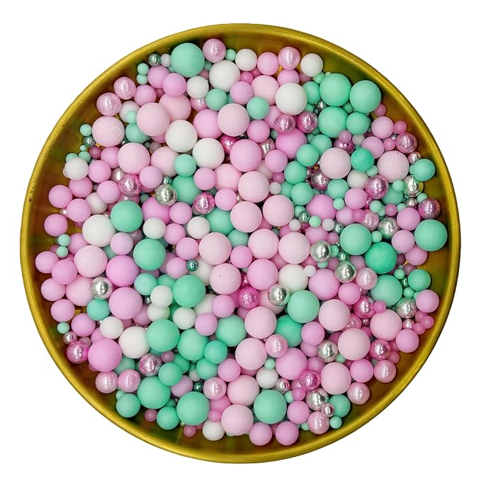Dynastang Mixed Size Pink Series & Green Series Pearls Sprinkles Edible Pearls Cake Decorations Cupcake Toppers Decorating Perfect for Cakes, Cupcakes, Desserts 3OZ