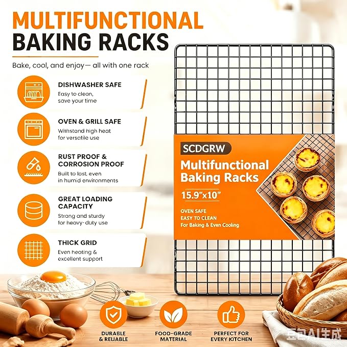 Cooling Rack Set of 1, 10" x 16" No Warp Heavy Duty Stainless Steel Baking Rack - Fits Half Sheet Pan, Oven Safe 575°F,for Baking, Roasting & Dehydrating, Dishwasher Safe