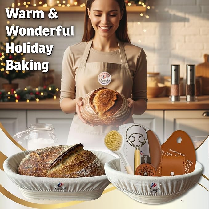 Banneton Bread Proofing Basket with Liners - Natural Rattan Dough Riser & Sourdough Starter Kit, Artisan Bread Loaves, Homemade Bread Making - 9” Round & 10" Oval Basket - 2 Pack