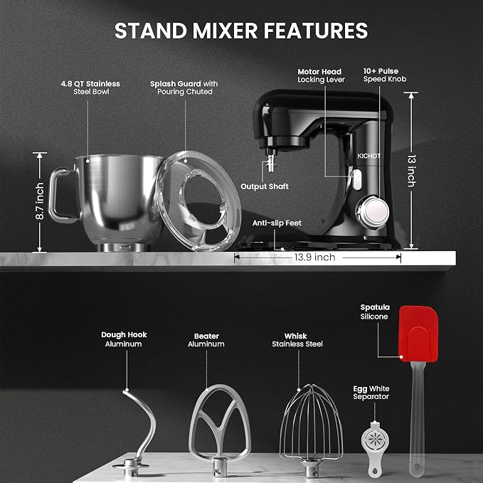 Stand Mixer, KICHOT 10+P Speed 4.8 Qt. Household Stand Mixers, Tilt-Head Dough Mxier with Dough Hook, Beater, Wire Whisk & Splash Guard Attachments for Baking, Cake, Cookie, Kneading, SM-1533,Black