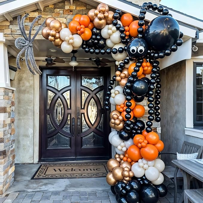 Halloween Balloon Arch Garland Kit, Black Burnt Orange Sand White Retro Orange Balloons, Spider and Black Striped Foil Balloons for Kids Halloween Birthday Party Decorations Baby Shower Backdrop