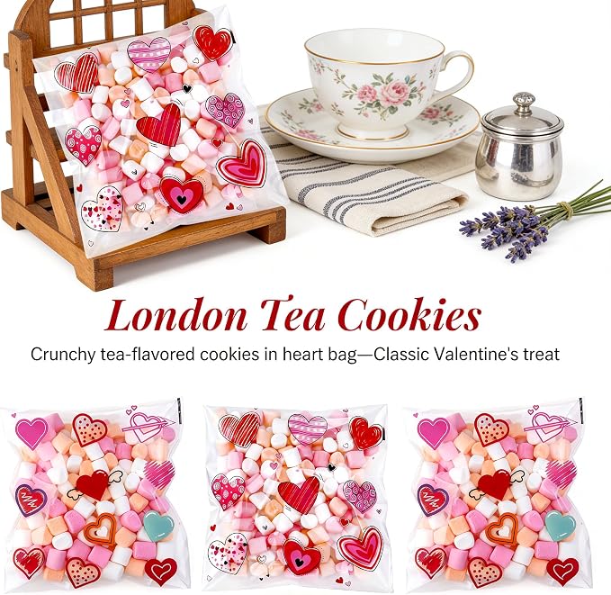 200PCS 5.5x5.5inch Valentine Cellophane Bags, Heart Cookie Bags | Clear Red Pink Lovely Printed Bags, Self Adhesive OPP Treat Bag for Cookie Bakery Present Gift Goodies DIY Candy Decorating