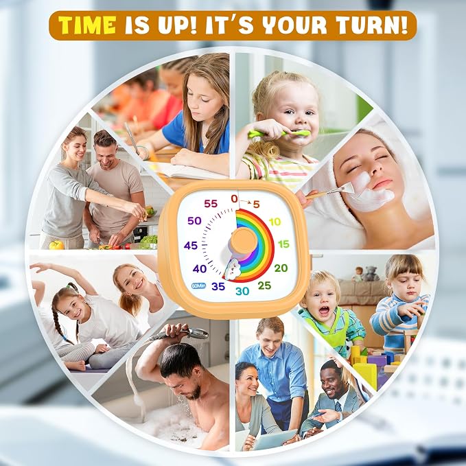 HIPPIH Visual Timer for Kids - 60 Minute Pomodoro Timers for Classroom Kitchen Office, Countdown Kids Timer Clock with Rainbow Disk, Desk Time Management Tool for Toddler with Silent Operation