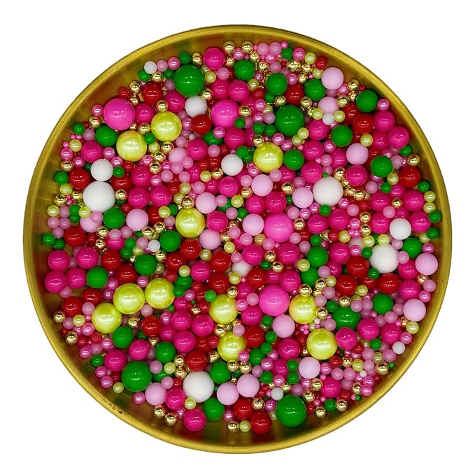 Edible Red Series & Pink & Green Sugar Pearls Sprinkles Candy Mix Size Pearls Cake Decorations Cupcake Toppers Decorating Perfect for Wedding Party Valentine Supplies 4.58OZ