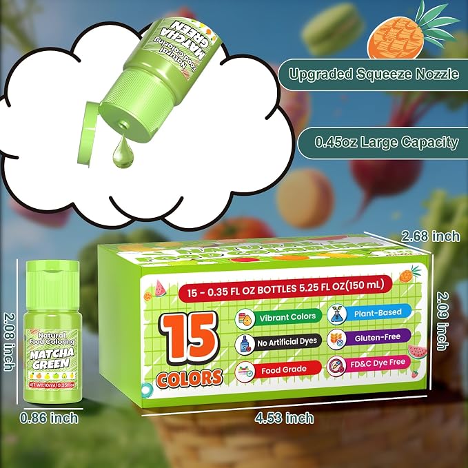Natural Food Coloring - 15 Vibrant Colors Food Coloring Set, Food-Grade, Non-GMO, FD&C & Artificial Dye Free Natural Liquid Food Dye Set for Baking, Cake Decorating, Frosting, Icing, Fondant, Cookies, DIY Slime - 10ml (0.35fl oz)/Bottles
