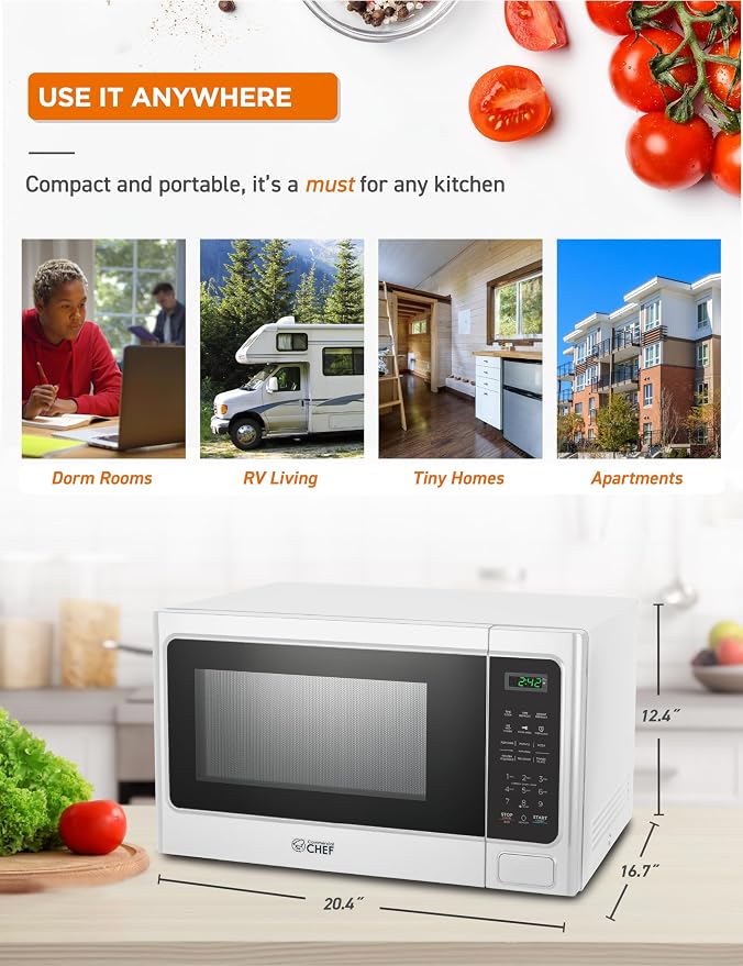 COMMERCIAL CHEF Microwave 1.3 Cu Ft with 10 Power Levels, Microwave with Push Button Door Lock, 1000W Countertop Microwave with Timer and Digital Controls, White