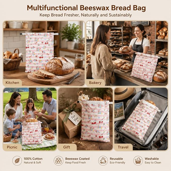 Bread Bags for Homemade, Natural Beeswax Bread Bag 2 Pack XL 13x17 Inch, Reusable Organic Cotton Linen Storage Bags, Beeswax Bread Bags for Sourdough, Keeps Bread Fresh Longer (Cherries)