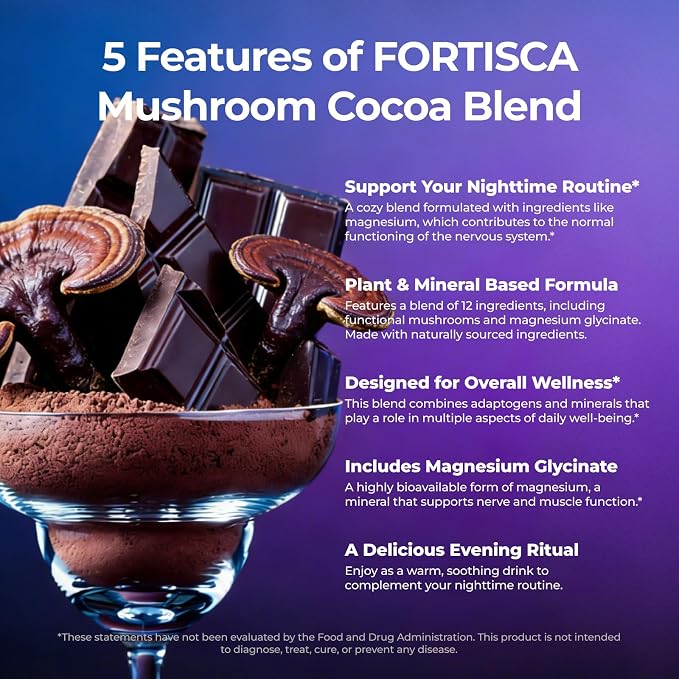 Mushroom Hot Cocoa Powder with Magnesium Glycinate, L-Theanine, Reishi, Tryptophan, Ashwagandha Etc, Sleep Hot Chocolate Supplement for Calm, Relax, Sleep & Stress Support, Mushroom Coffee 7.41oz