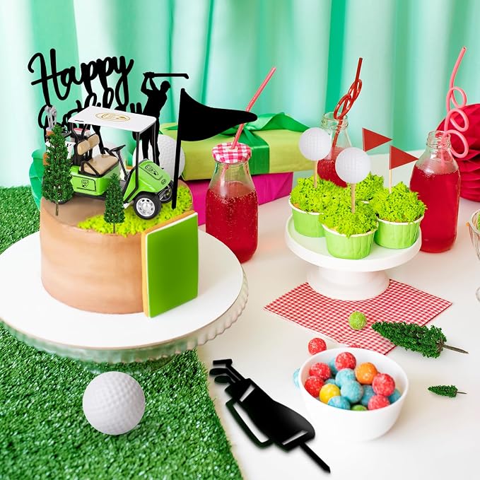 Hooqict 21 Pieces Golf Cake Decorations with Mini Cart, Balls, Clubs, Red Flags, Green Cake Toppers & Cupcake Toppers for Men Sports Golf Themed Birthday Party Decorations Supplies
