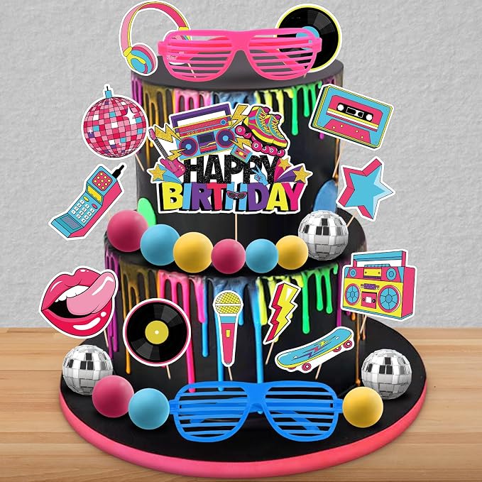80s Cake Decorations 27PCS 90s Cake Topper Retro Hip Hop Cakes Decorations 1980s Disco Ball Cakes Toppers for 80s 90s Party Decorations