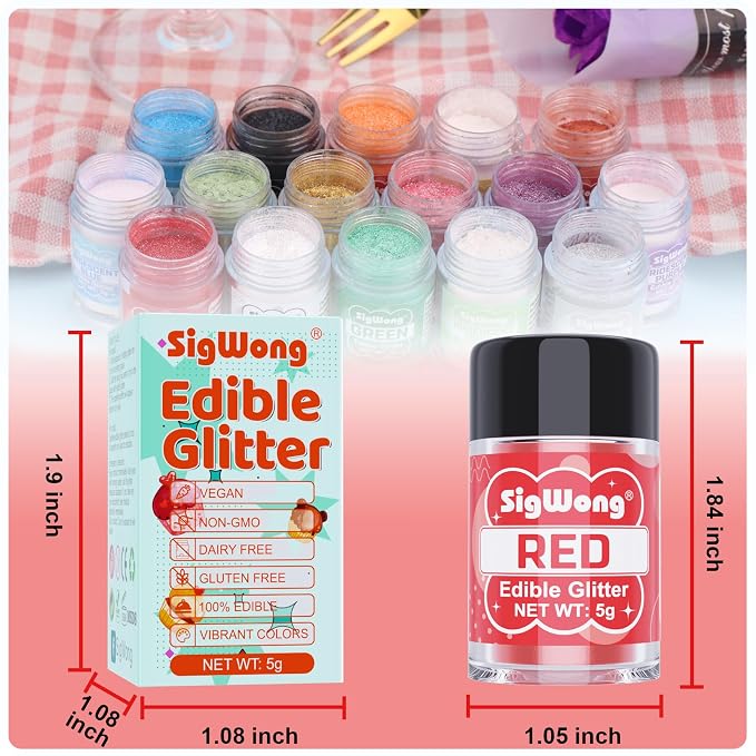 Red Edible Glitter - 5g Food Grade Cake Decorating Shimmering Glitter, Edible Sprinkle Luster Dust for Drinks, Chocolates, Fondant, Strawberries, Cupcakes, Candy, Easter Cookie - Vegan