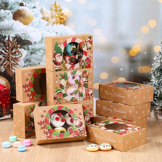 Patimate 12pcs Christmas Cookie Boxes for Gift Giving, 3 Style Brown Kraft Paper Bakery Boxes with Window, Xmas Holiday Treat Containers With Lids for Cookie Cupcakes Donuts Candy