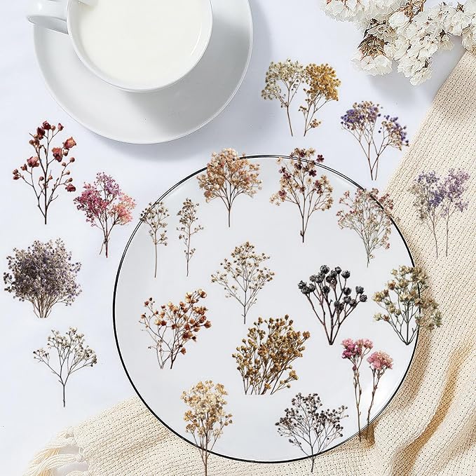 50pcs Vintage Babysbreath Stickers, Aesthetic Flowers Sticker Transparent Flora Stickers for Scrapbook Journal, Waterproof for Water Bottles Laptop Phone Scrapbook Supplies DIY Crafts