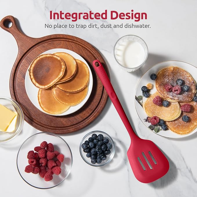 600ºF Heat Resistant Slotted Turner: U-Taste 13.6in Silicone Kitchen Spatula Flipper, 3.74in Wide Food Grade Flexible Thin Rubber Cooking Utensil for Egg, Pancake, Cookie in Nonstick Cookware (Red)