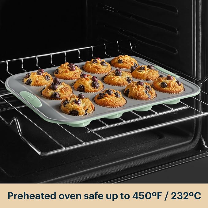 Pyrex 3-Piece Metal Cookie & Muffin Sheet Bakeware Set, Lightweight Stainless Steel Baking Trays with Heatsafe Silicone Handles, Cookie Muffin Sheet Baking Pan, Sage
