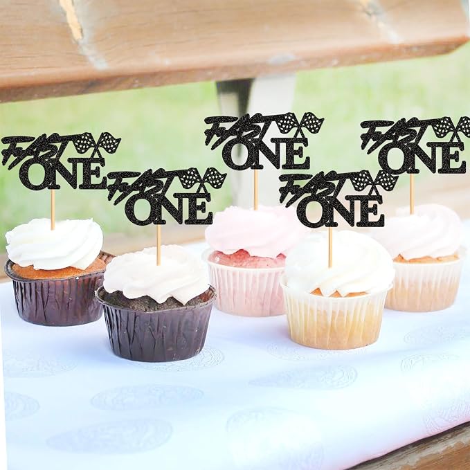 Ercadio 24 Pcs Fast One Cupcake Toppers Glitter Black Fast One Check Flag Cupcake Picks Race Car Party Birthday Cake Toppers Funny Racing Birthday Party Decoration Supplies