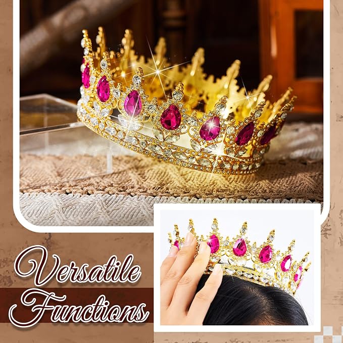 8 Pcs Rose Red and Gold Queen Crown Cake Topper for Women, Happy Birthday Cake Toppers Foam Balls Rhinestone Crystal Tiara Wedding Decoration for Princess Party Photo Props