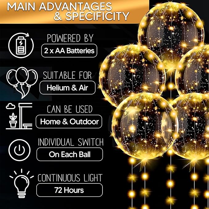 LED Light Up Balloons 10 Pack – 20" Transparent Glow Balloons Light Up with LED String Lights & Switch, Easy Air or Helium Use for Special Events, Weddings, Party Decorations & Festive Nights