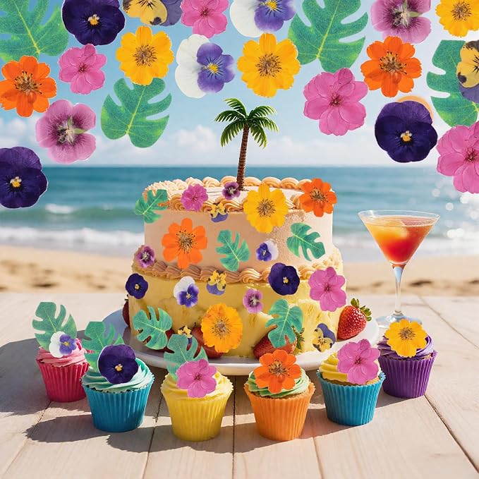 60 PCS Real Edible Flower Tropical Cupcakes Cake Decoration, Hibiscus Flowers Turtle Back Leaves Cartoon Birthday Cake Toppers -Hawaiian Series Theme Wedding, Party, Cocktails