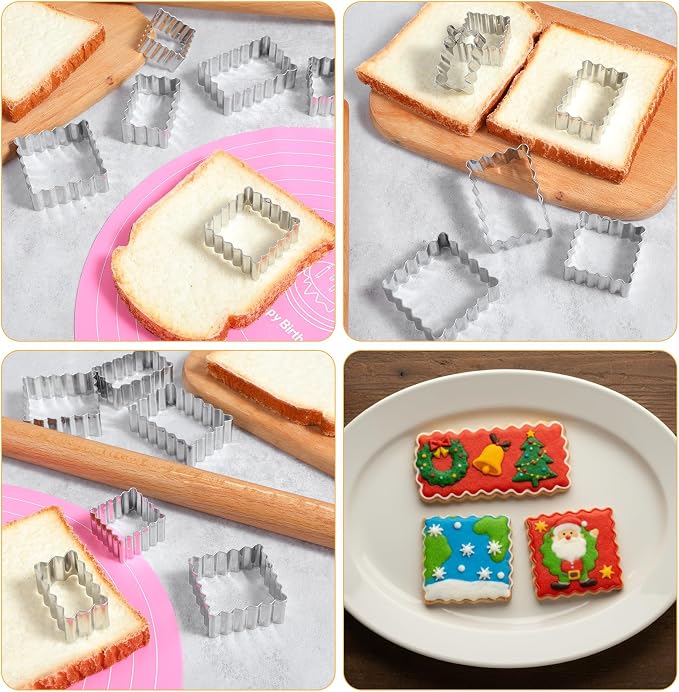 6Pcs Rectangle Cookie Cutter Set with Scalloped Edge Biscuit Cracker Cutters For Baking Fluted Plaque Frame Rectangluar Shapes Fondant Molds Geometric Square Wavy Pastry Molds Assorted Sizes